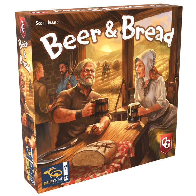 Load image into Gallery viewer, Beer &amp; Bread Board Game - front of box with illustration of people drinking beer and eating bread at a tavern.
