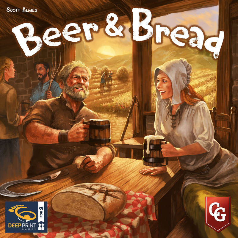 Load image into Gallery viewer, Beer &amp; Bread Board Game - front of box with illustration of people drinking beer and eating bread at a tavern.
