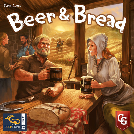 Beer & Bread Board Game - front of box with illustration of people drinking beer and eating bread at a tavern.
