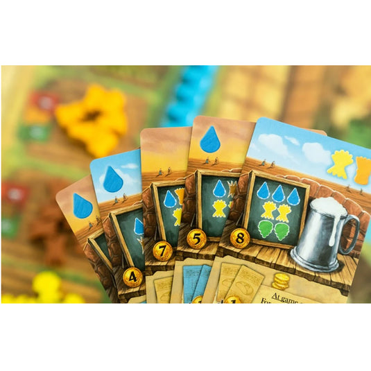 Beer & Bread Board Game - sample cards shown with different point values and resource icons. 