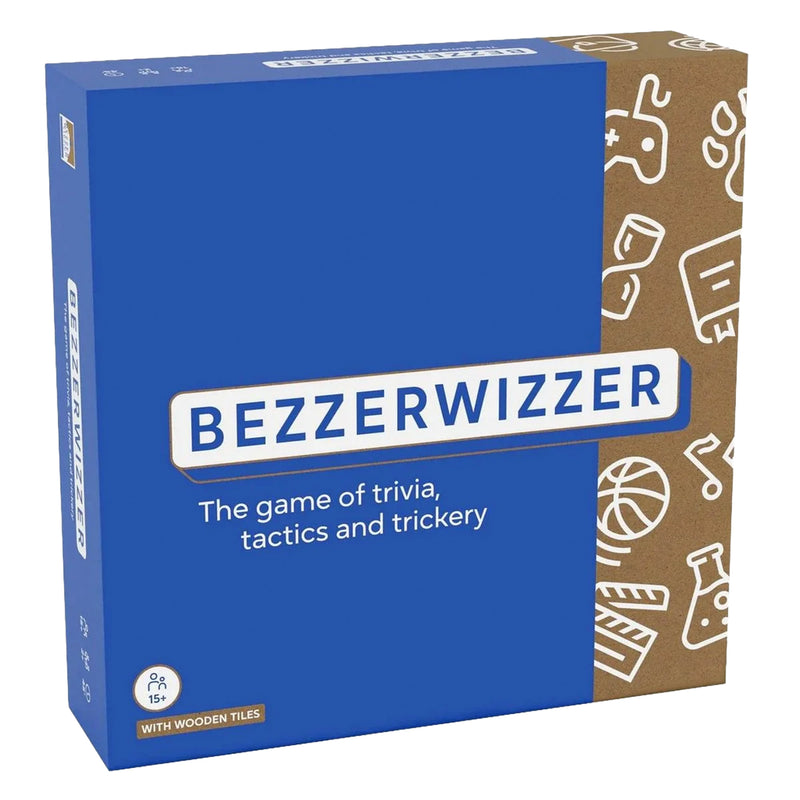 Load image into Gallery viewer, Bezzerwizzer (Refresh) - Front of box with blue box front and brown on the edge with illustrations of different objects in white, including a timer and basketball. Tagline under title is 'The game of trivia, tactics and trickery'.
