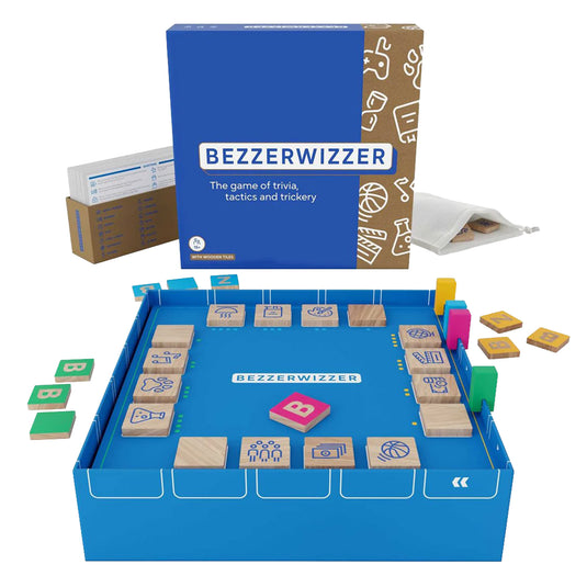 Bezzerwizzer (Refresh) - View of setup game including game board inside open game box, game meeples on edge of game box, category tiles, and Bezzerwizzer tiles.