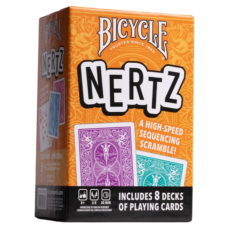 Load image into Gallery viewer, Bicycle Nertz high-speed sequencing scramble card game box, featuring an orange and brown design with purple and teal card backs pictured on the front.
