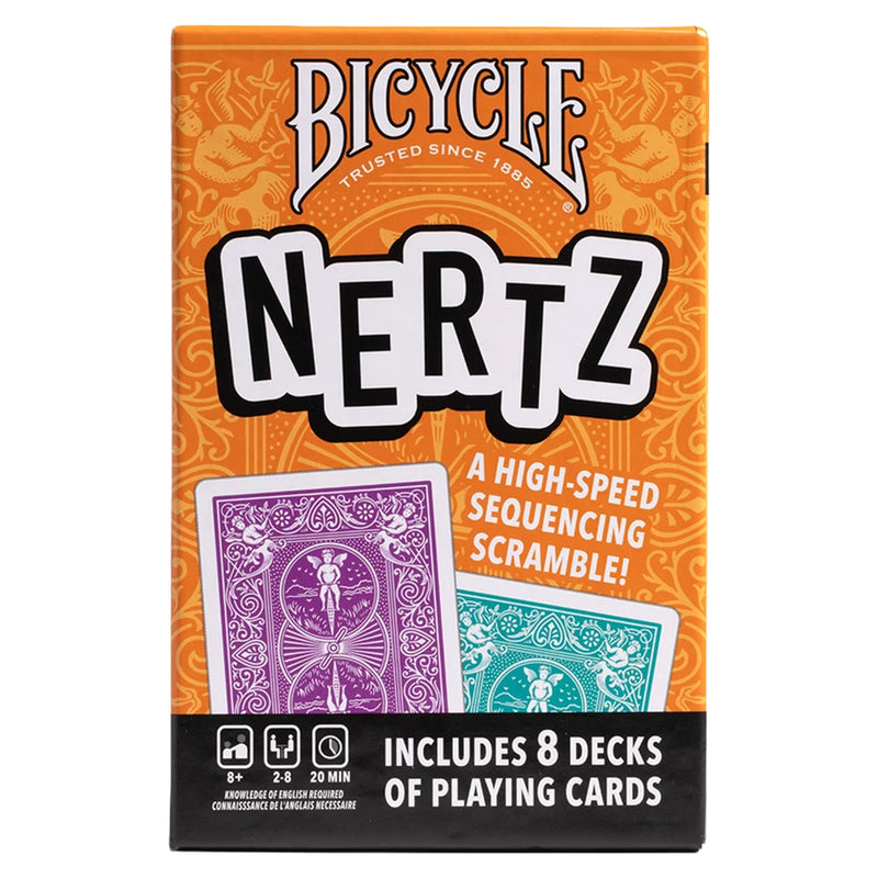Load image into Gallery viewer, Bicycle Nertz high-speed sequencing scramble card game box, featuring an orange and brown design with purple and teal card backs pictured on the front.
