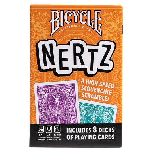 Bicycle Nertz high-speed sequencing scramble card game box, featuring an orange and brown design with purple and teal card backs pictured on the front.