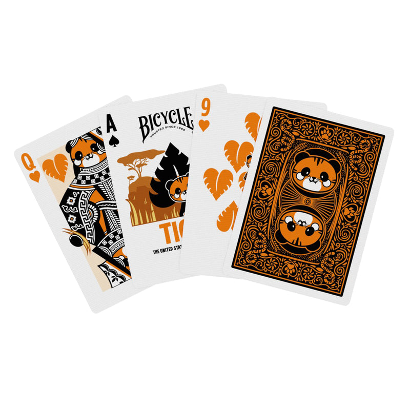 Load image into Gallery viewer, Bicycle Tiger Playing Cards - sample cards shown including queen of hearts, ace of spades, and nine of hearts.
