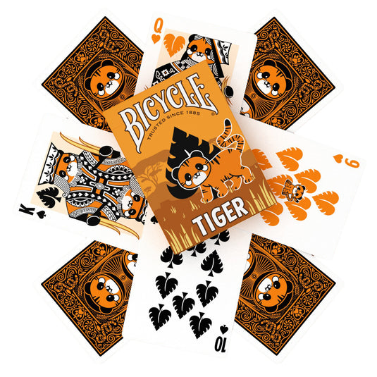 Bicycle Tiger Playing Cards - packaging and playing cards shown, with face cards featuring art of tigers.