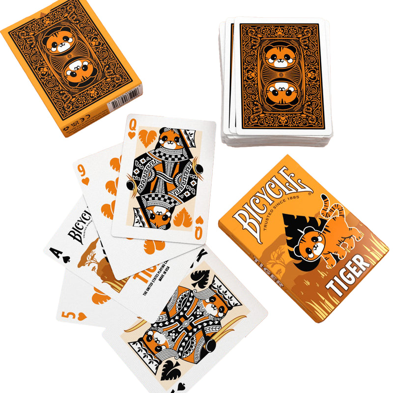 Load image into Gallery viewer, Bicycle Tiger Playing Cards - packaging and playing cards shown, with face cards featuring art of tigers.
