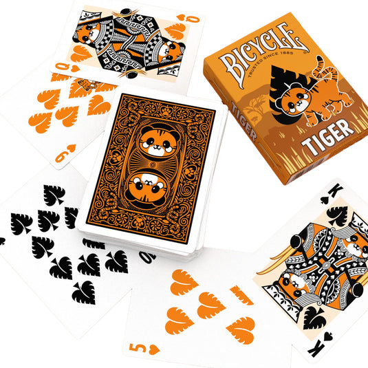 Bicycle Tiger Playing Cards - packaging and playing cards shown, with face cards featuring art of tigers.