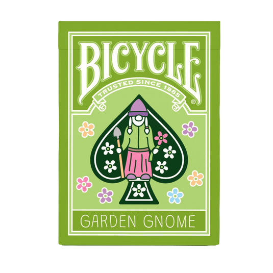 Bicycle Garden Gnome Playing Cards - front of packaging featuring art of garden gnome. 