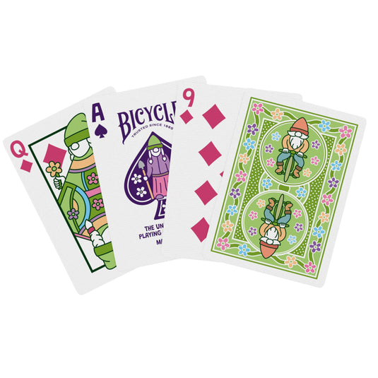 Bicycle Garden Gnome Playing Cards - sample playing cards shown including queen of diamonds, ace of spades, and nine of diamonds. 