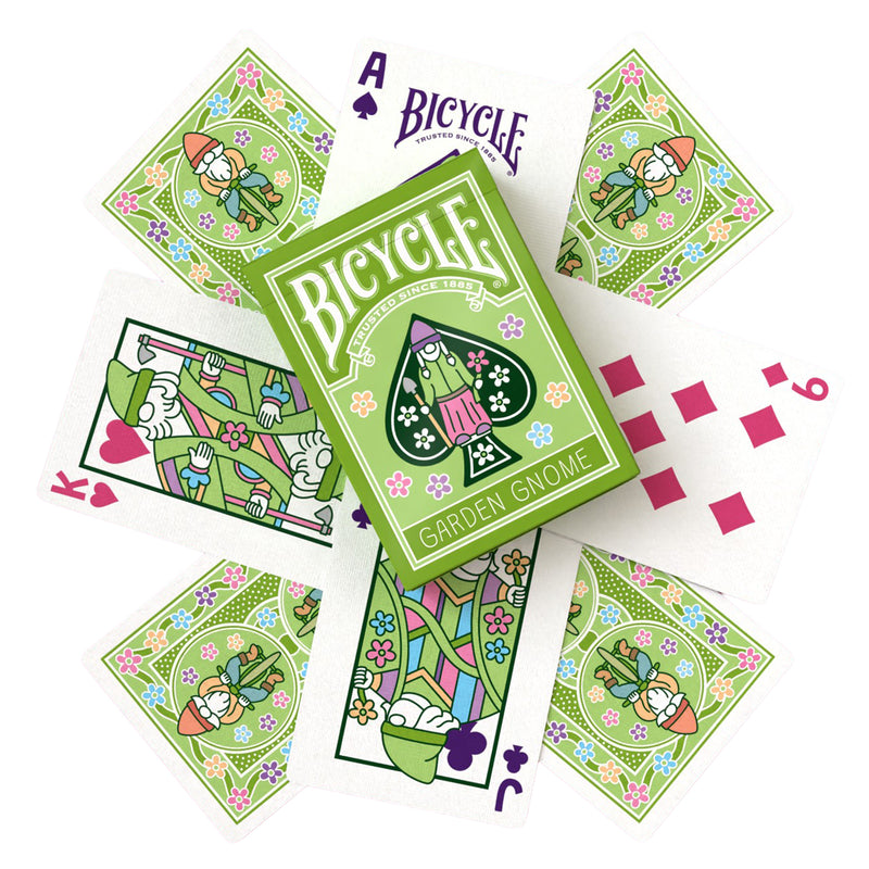 Load image into Gallery viewer, Bicycle Garden Gnome Playing Cards - box and playing cards shown with each face card featuring garden gnome art design. 
