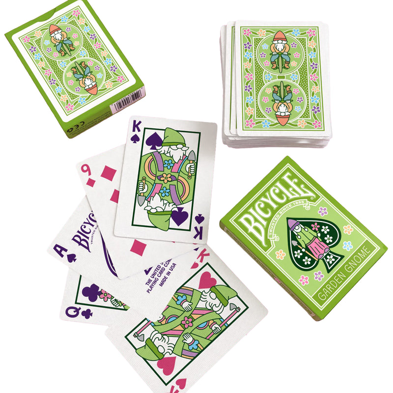 Load image into Gallery viewer, Bicycle Garden Gnome Playing Cards - box and playing cards shown with each face card featuring garden gnome art design. 
