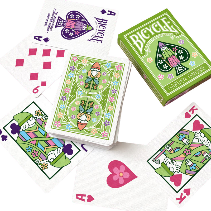 Load image into Gallery viewer, Bicycle Garden Gnome Playing Cards - box and playing cards shown with each face card featuring garden gnome art design. 

