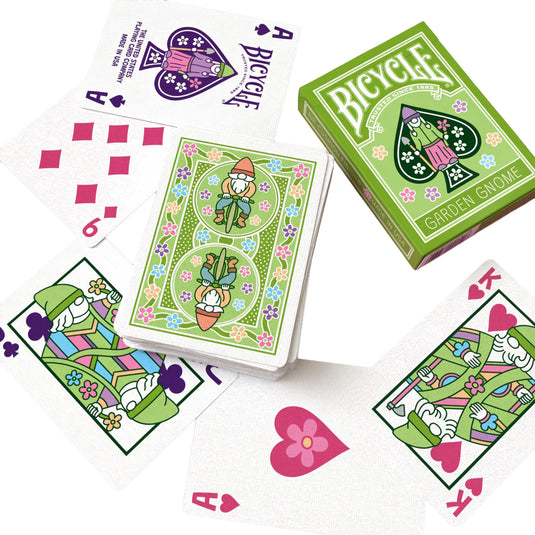 Bicycle Garden Gnome Playing Cards - box and playing cards shown with each face card featuring garden gnome art design. 