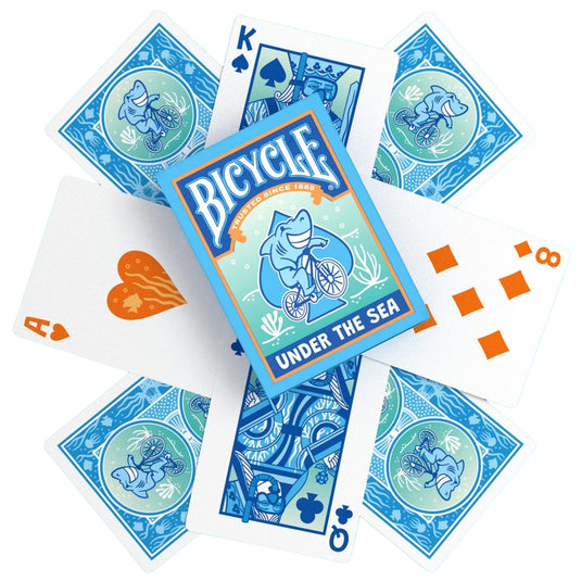 Bicycle Under the Sea Playing Cards - box and sample cards shown with king and queen cards illustrated wearing scuba masks. 