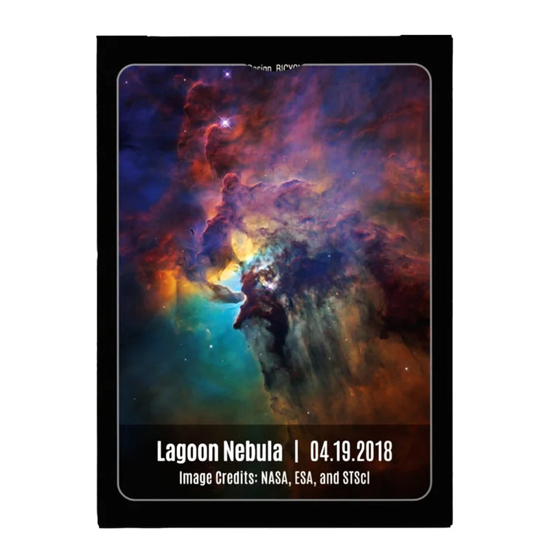Load image into Gallery viewer, Bicycle Stargazer 204 Playing Cards - back of packaging featuring Lagoon Nebula imagery from Hubble Telescope.
