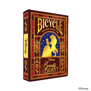 Bicycle Disney Beauty and the Beast Playing Cards - front of packaging featuring stained glass art design of Beauty and the Beast.