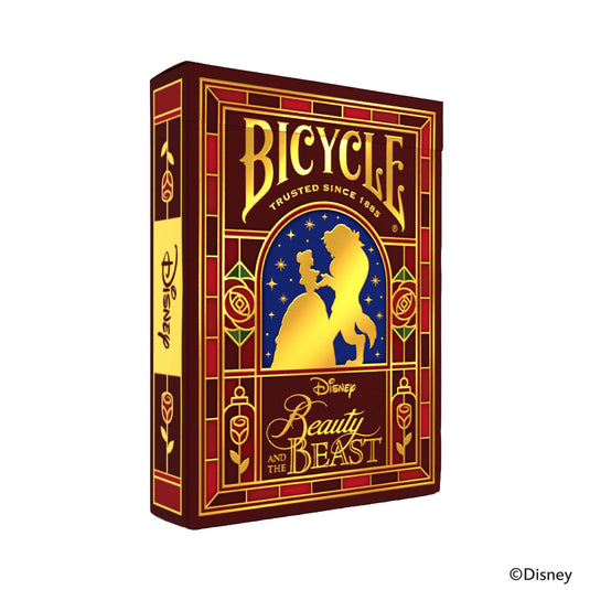 Bicycle Disney Beauty and the Beast Playing Cards - front of packaging featuring stained glass art design of Beauty and the Beast.