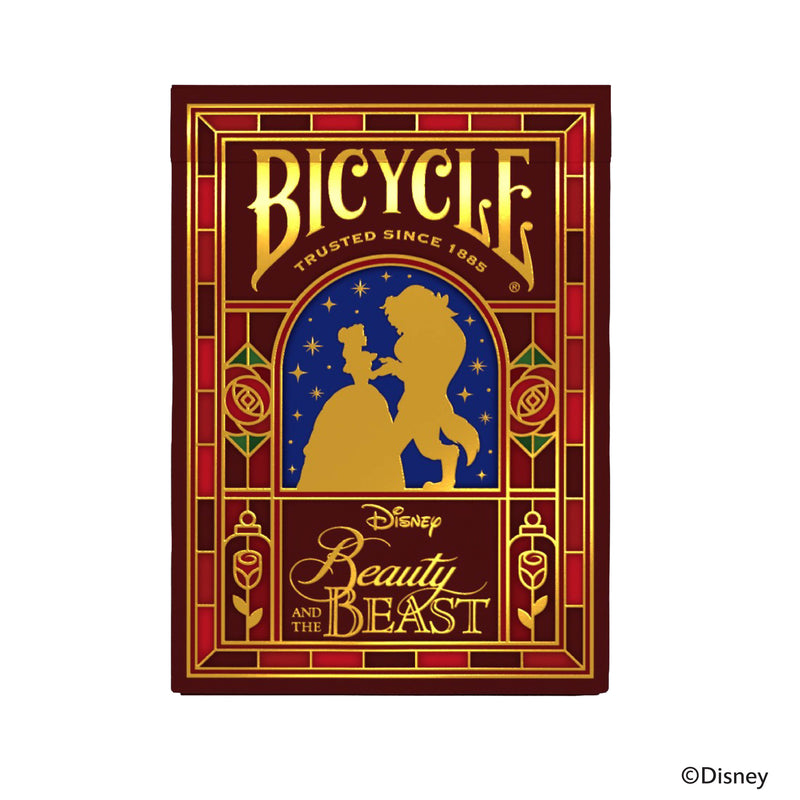 Load image into Gallery viewer, Bicycle Disney Beauty and the Beast Playing Cards - front of packaging featuring stained glass art design of Beauty and the Beast.
