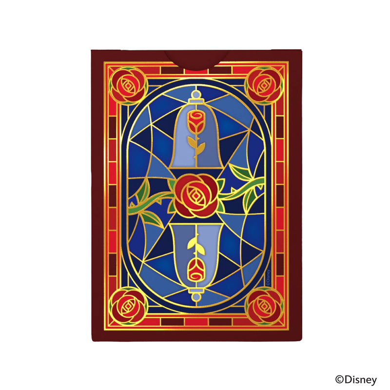Load image into Gallery viewer, Bicycle Disney Beauty and the Beast Playing Cards - back of cards shown with stained glass art design of Beast's rose. 
