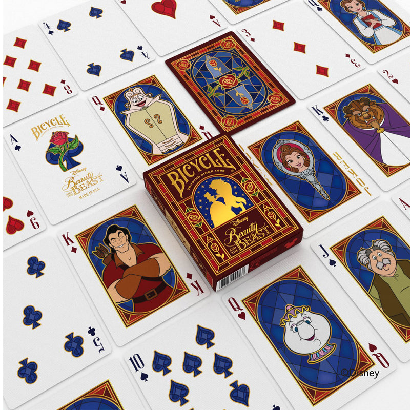 Load image into Gallery viewer, Bicycle Disney Beauty and the Beast Playing Cards - box and playing cards shown, each face card features art of a Beauty and the Beast character.
