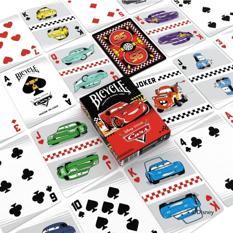 Load image into Gallery viewer, Bicycle Disney Cars Playing Cards - card box and sample cards shown. Each face card features art of Cars characters. 
