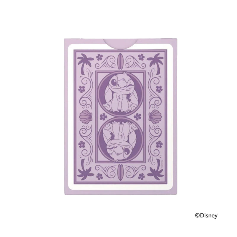 Load image into Gallery viewer, Bicycle Disney Stitch Purple Playing Cards - back of packaging featuring illustrations of stitch in purple. 
