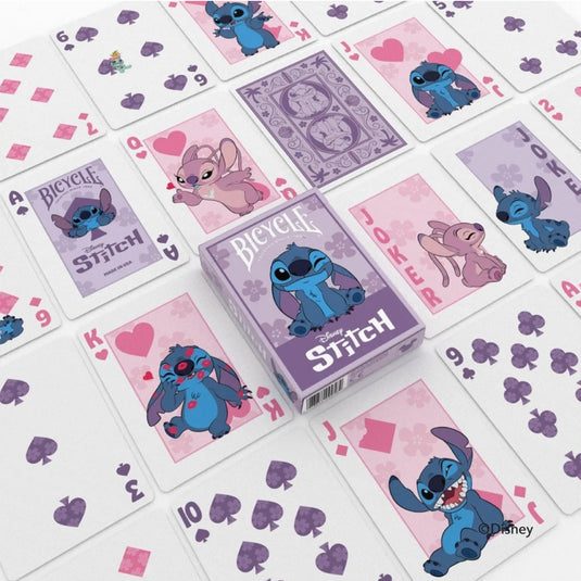 Bicycle Disney Stitch Purple Playing Cards - box and sample cards shown. Each face card features art of Stitch characters. 