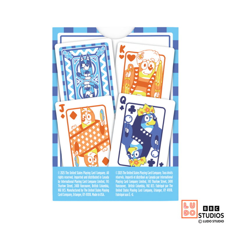 Load image into Gallery viewer, Bicycle Bluey Playing Cards - back of packaging with images of sample playing cards featuring illustrations of Bluey characters.
