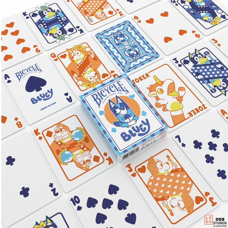 Load image into Gallery viewer, Bicycle Bluey Playing Cards - view of box and sample cards. Card backs and face cards feature art of Bluey characters.
