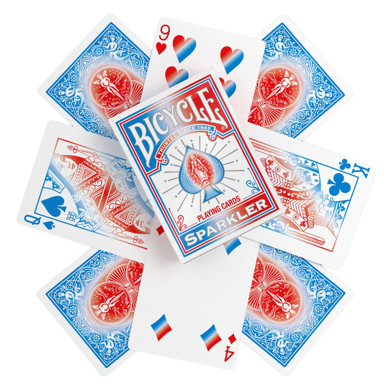 Load image into Gallery viewer, Bicycle Sparkler Playing Cards - box and playing cards shown, with cards featuring red white and blue designs. 
