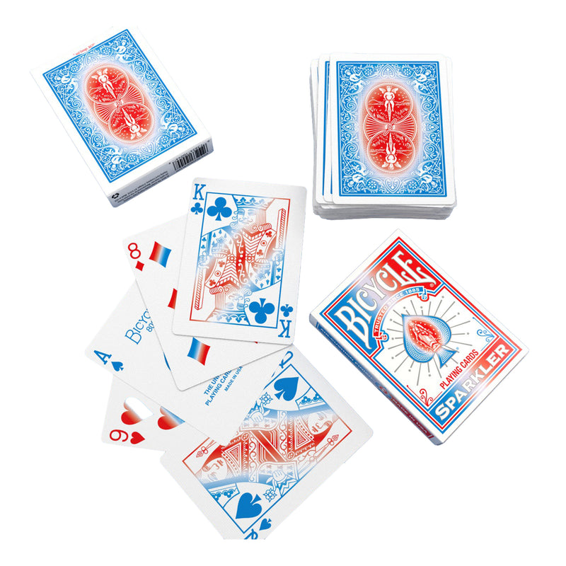 Load image into Gallery viewer, Bicycle Sparkler Playing Cards - box and playing cards shown, with cards featuring red white and blue designs. 
