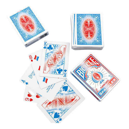 Bicycle Sparkler Playing Cards - box and playing cards shown, with cards featuring red white and blue designs. 