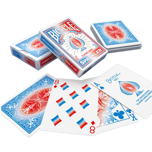 Bicycle Sparkler Playing Cards - box and playing cards shown, with cards featuring red white and blue designs. 