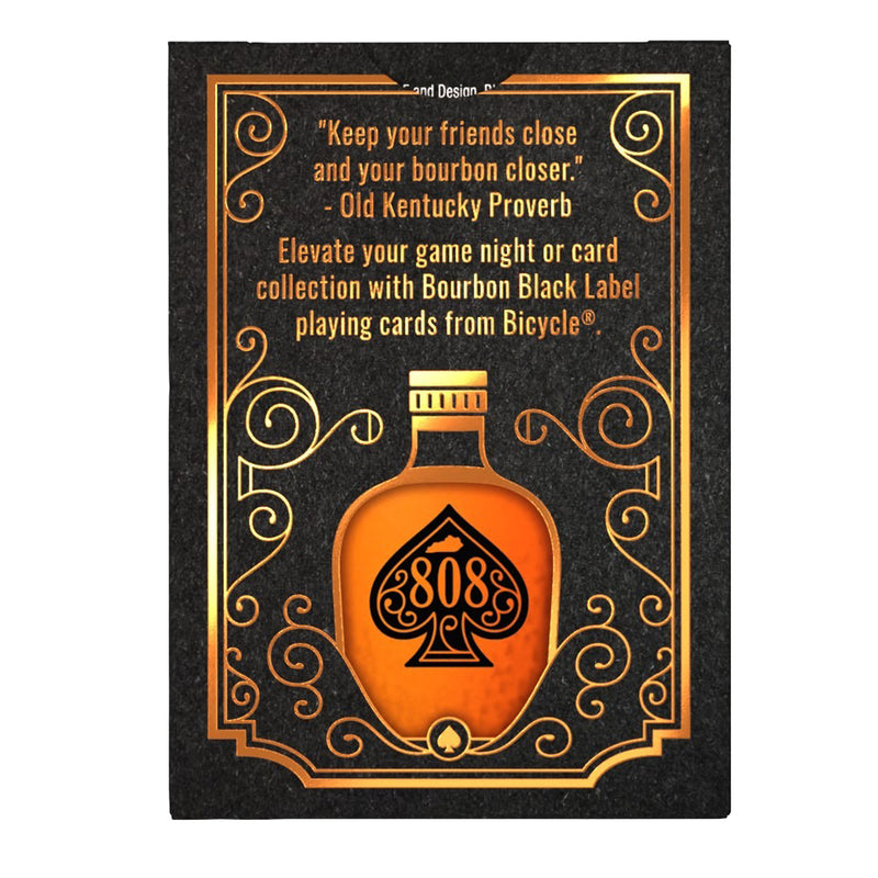 Load image into Gallery viewer, Bicycle Bourbon Black Label Playing Cards - Back of packaging with overview and art of bottle of bourbon. 
