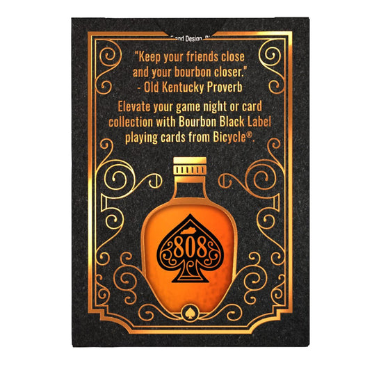 Bicycle Bourbon Black Label Playing Cards - Back of packaging with overview and art of bottle of bourbon. 