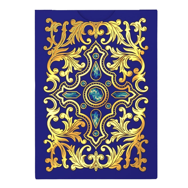 Load image into Gallery viewer, Bicycle Royal Playing Cards - Back of packaging with blue and gold design and featuring images of blue gems. 
