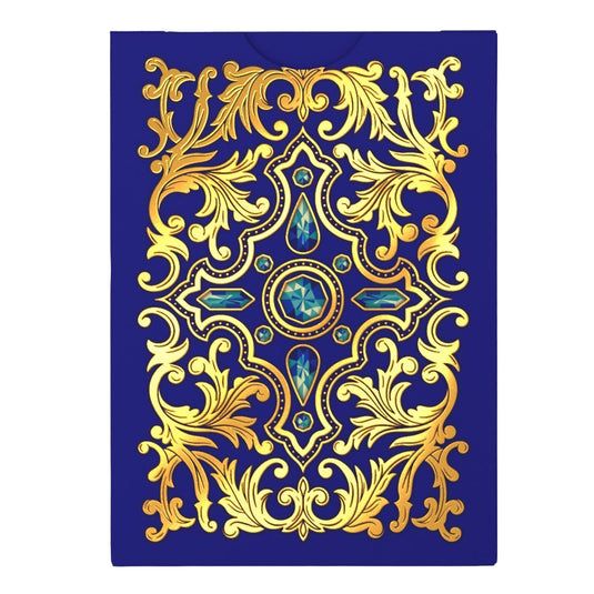 Bicycle Royal Playing Cards - Back of packaging with blue and gold design and featuring images of blue gems. 