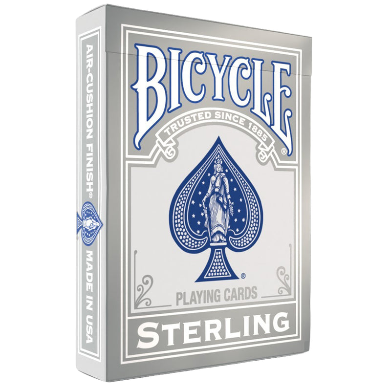 Load image into Gallery viewer, Bicycle Sterling Playing Cards Red/Blue Mix - Front of packaging with silver box design and title and image of spade in blue. 
