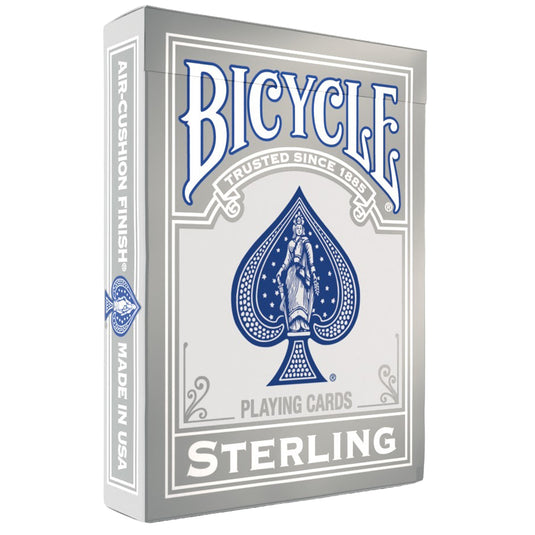 Bicycle Sterling Playing Cards Red/Blue Mix - Front of packaging with silver box design and title and image of spade in blue. 