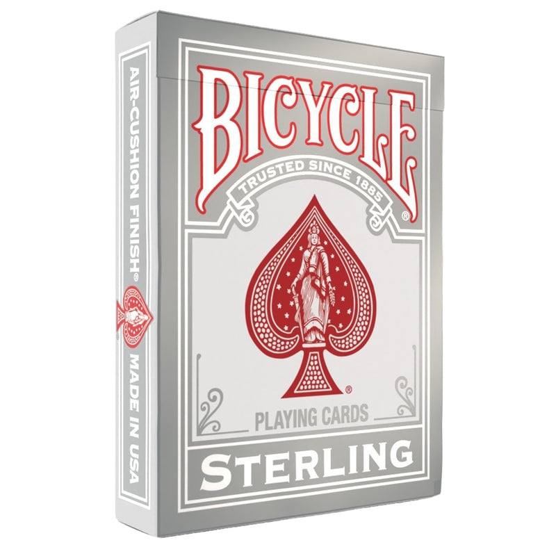 Load image into Gallery viewer, Bicycle Sterling Playing Cards Red/Blue Mix - Front of packaging with silver box design and title and image of spade in red. 
