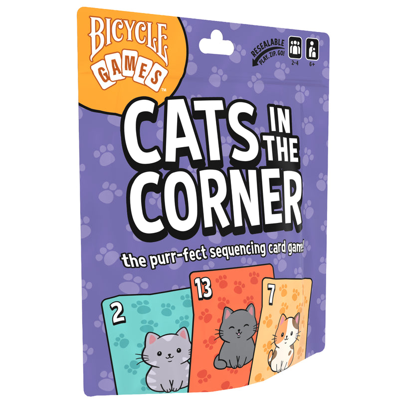 Load image into Gallery viewer, Cats in the Corner Card Game - Front of packaging with images of cards with illustrations of cats and tag line 'the purr-fect sequencing card game'. 
