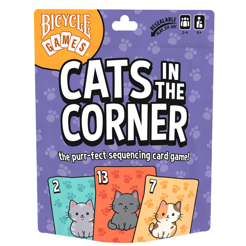 Load image into Gallery viewer, Cats in the Corner Card Game - Front of packaging with images of cards with illustrations of cats and tag line 'the purr-fect sequencing card game'. 
