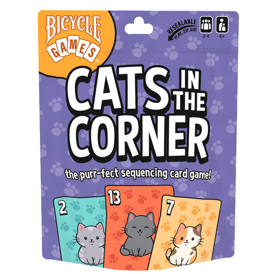 Cats in the Corner Card Game - Front of packaging with images of cards with illustrations of cats and tag line 'the purr-fect sequencing card game'. 