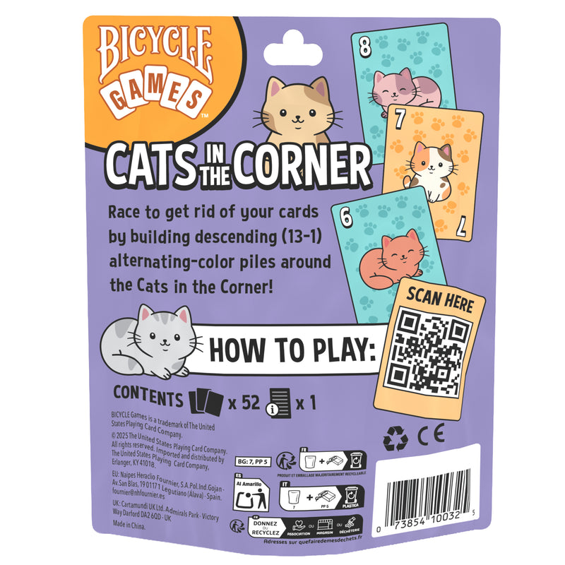 Load image into Gallery viewer, Cats in the Corner Card Game - Back of packaging with overview, contents list, and QR code linking to how to play instructions. 
