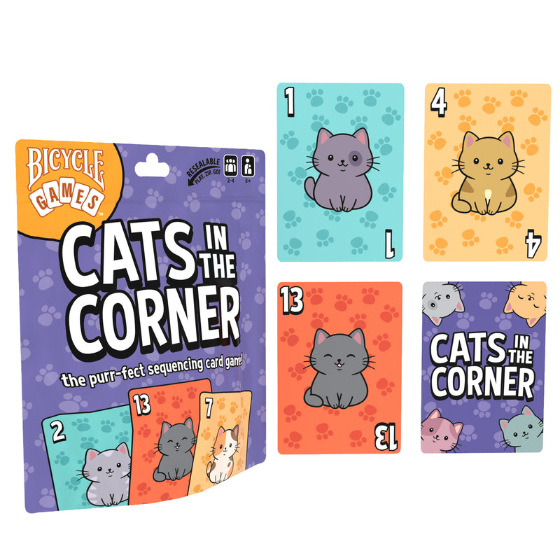 Load image into Gallery viewer, Cats in the Corner Card Game - Packaging and sample cards shown with numbers tween 1 and 13 in blue, yellow, and orange. 
