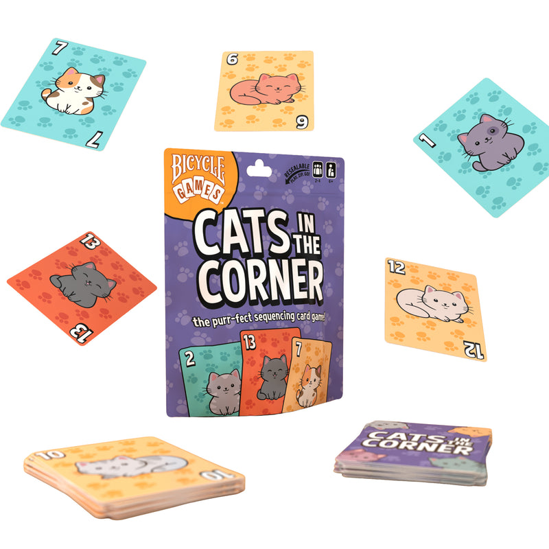 Load image into Gallery viewer, Cats in the Corner Card Game -  Packaging and sample cards shown with a variety of colors and numbers and featuring illustrations of cats. 
