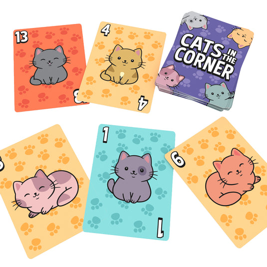 Cats in the Corner Card Game - Sample cards shown with numbers between 1 and 13 in blue, yellow and orange. 