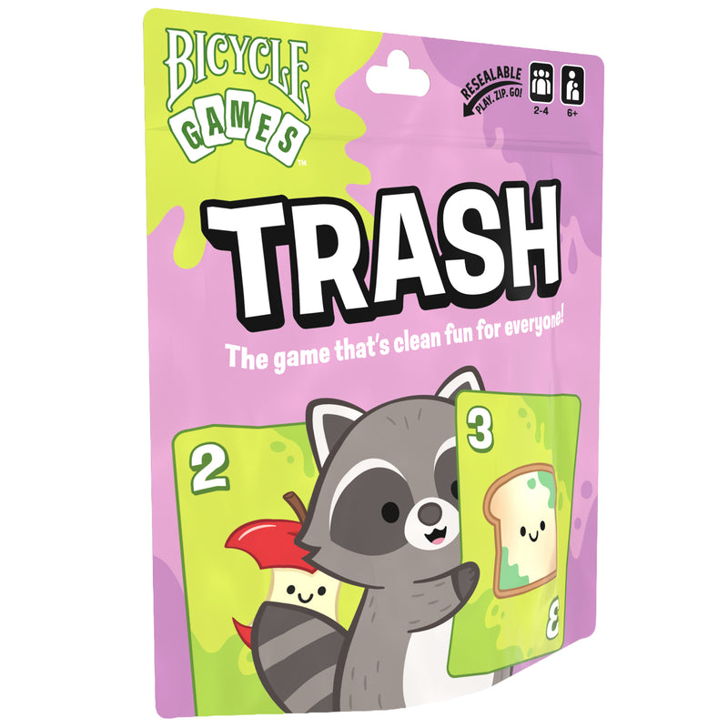 Load image into Gallery viewer, Trash Card Game - Front of packaging with illustration of a racoon holding a card and tagline 'The game that's clean fun for everyone!'. 
